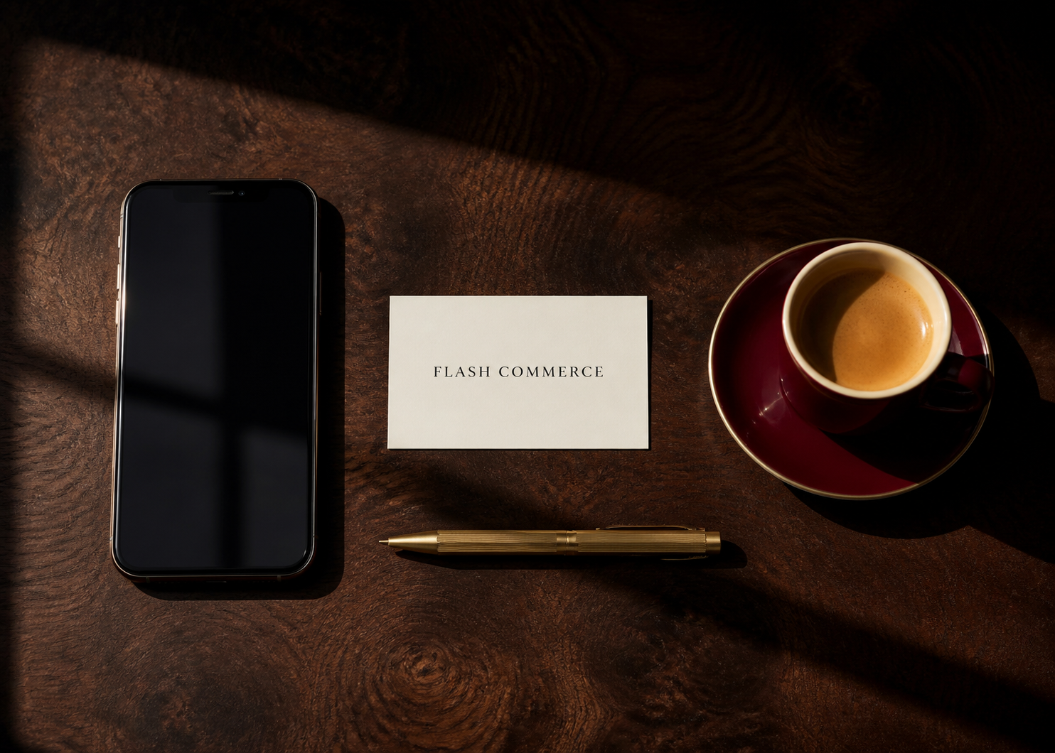 Scrivania scura con smartphone, biglietto FLASH COMMERCE, penna e tazza espresso per la sezione contatti.