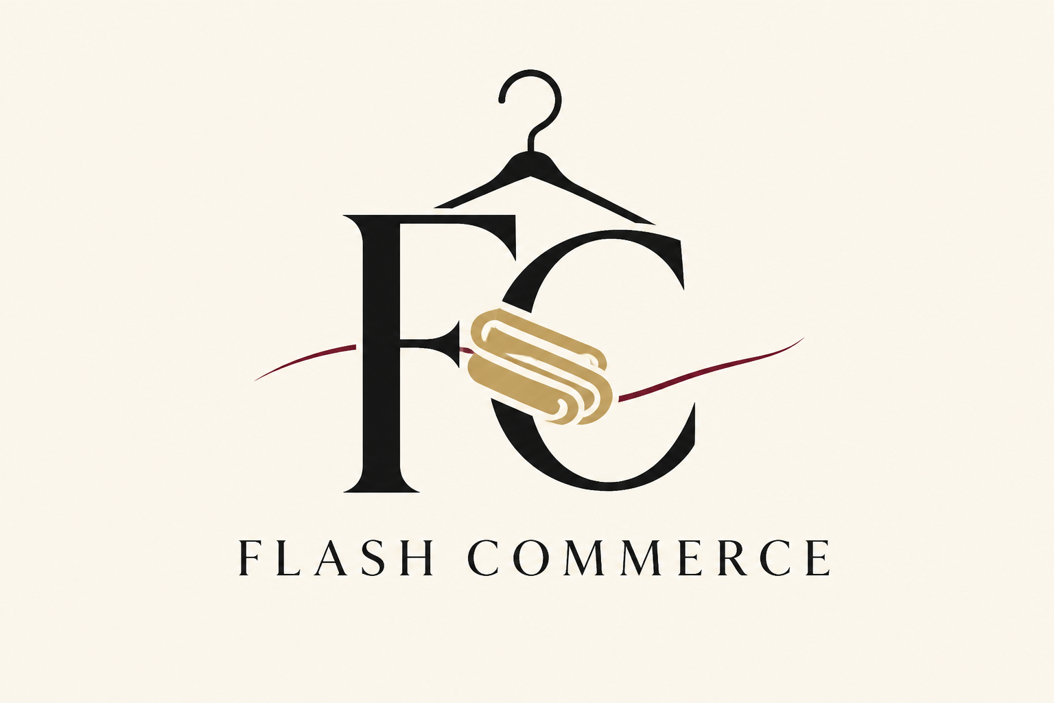 Logo originale FLASH COMMERCE con monogramma FC, gruccia stilizzata, piega di tessuto e linea dinamica.
