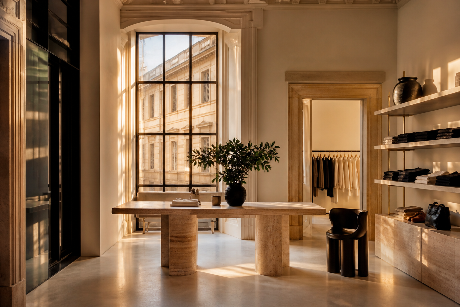 Interno luminoso dello spazio FLASH COMMERCE a Firenze con tavolo in pietra e scaffali moda.