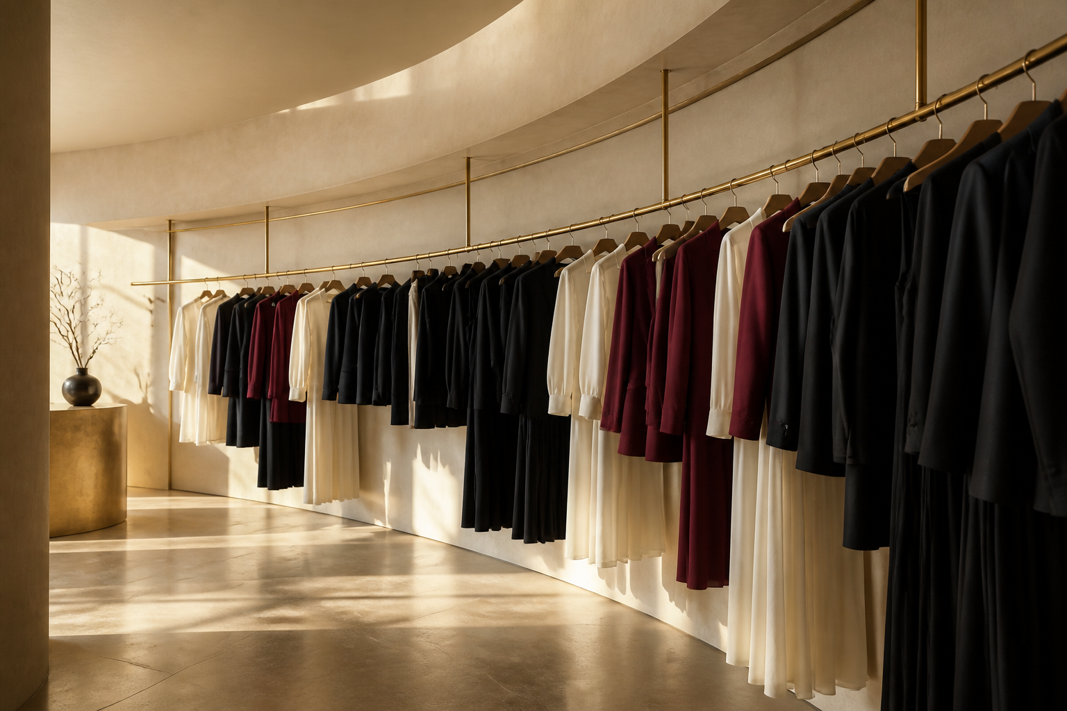Capi contemporanei ordinati su un rack curvo in uno showroom dai toni avorio e scuri.