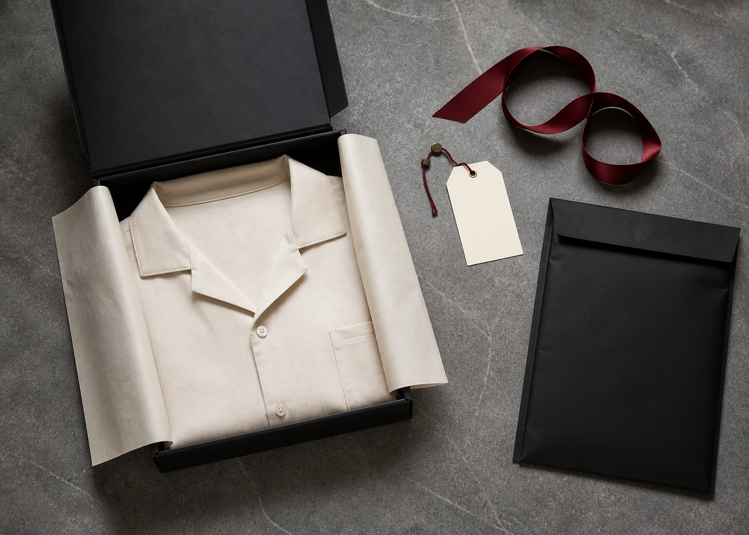 Ordine di abbigliamento piegato e confezionato in una scatola nera per la spedizione.
