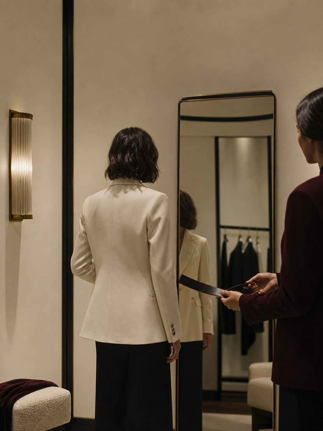 Cliente prova una giacca avorio in camerino assistita da una consulente.