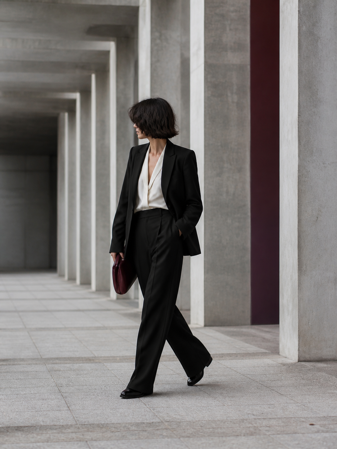 Modello con completo nero e top avorio in un portico contemporaneo per la serie Linea Urbana.
